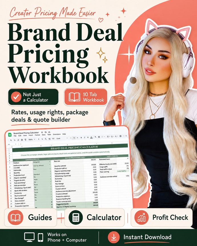Influencer Brand Deal Pricing Calculator & Workbook for Content Creators, UGC, Cosplay. Google Sheets & Excel