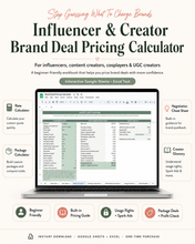 Load image into Gallery viewer, Influencer Brand Deal Pricing Calculator &amp; Workbook for Content Creators, UGC, Cosplay. Google Sheets &amp; Excel
