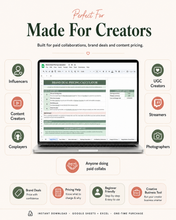 Load image into Gallery viewer, Influencer Brand Deal Pricing Calculator &amp; Workbook for Content Creators, UGC, Cosplay. Google Sheets &amp; Excel
